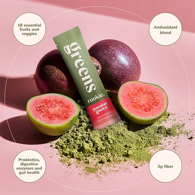 Rookie Wellness Greens + Superfoods - Greens Superfoods Powder Drink Made with Whole Food Sourced Ingredients Contains Vitamins, Probiotics, Antioxidants, and Baobab Fiber (14 Servings, Passion Guava)