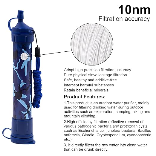 Water Filter Camping, Personal Backpacking Water Filter Straw Portable for Hiking Travels (Blue Camouflage)