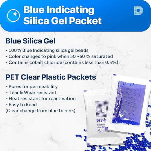 [25 Packs] 5 Gram Blue "Dry & Dry" Premium Indicating(Blue to Pink) Silica Gel Packets - RECHARGEABLE(Upgraded)