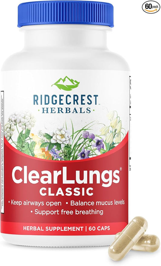 RidgeCrest Herbals ClearLungs Classic, Natural Lung and Nasal Daily Health Supplement for Bronchial, Respiratory, Immune, Sinus, and Mucus Wellness Support, Herbal Formula (60 Caps, 30 Serv)