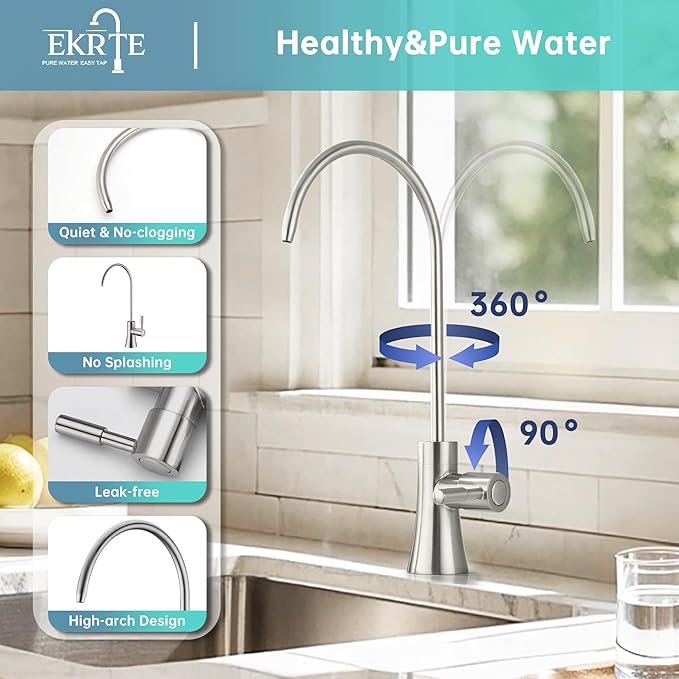 EKRTE Brass Drinking Water Faucet, Filtered Water Reverse Osmosis RO Faucet for Kitchen Sink, Brushed Nickel Reverse Osmosis Tap for Kitchen Sink