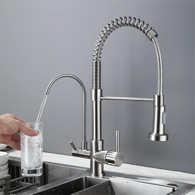 HUAHUALALA Kitchen Faucet with Filter, 3 in 1 Kitchen Sink Faucet 2 Handle with Spring Sprayer，Brass Drinking Water Faucets Reverse Osmosis Brushed Nickel