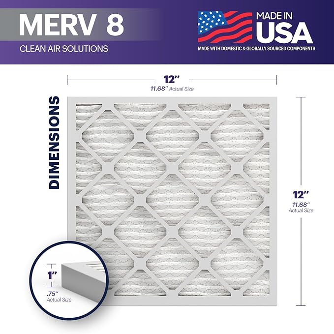 BNX TruFilter 12x12x1 Air Filter MERV 8 (6-Pack) - MADE IN USA – Dust & Pet Defense Pleated Air Conditioner HVAC AC Furnace Filters for Dust, Pet, Mold, Pollen MPR 600 – 700 & FPR 5