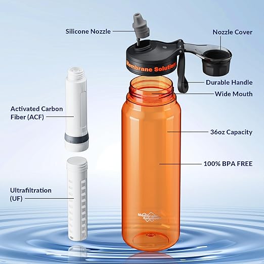 Membrane Solutions C3 Filtered Water Bottle, 36oz BPA-Free Bottle with Replaceable ACF+UF Filter Cartridge, Portable Water Filter, Travel, Hiking & Camping for Drinking Water Anywhere(Orange)