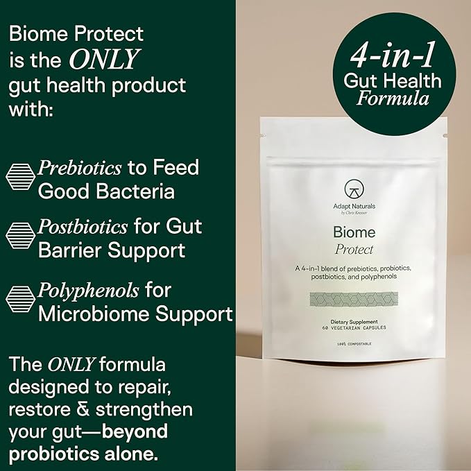 Adapt Naturals 4-in-1 Biome Protect Prebiotics, Probiotics Supplement Postbiotics & Polyphenols for Microbiome, Gut Health & Defense for Women & Men, 30 Day Supply