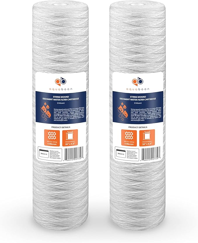 Aquaboon 5 Micron 20 x 4.5 Whole House String Wound Water Filter Replacement Cartridge for Well Water Filtration Compatible with WP5BB20P, 2-Pack