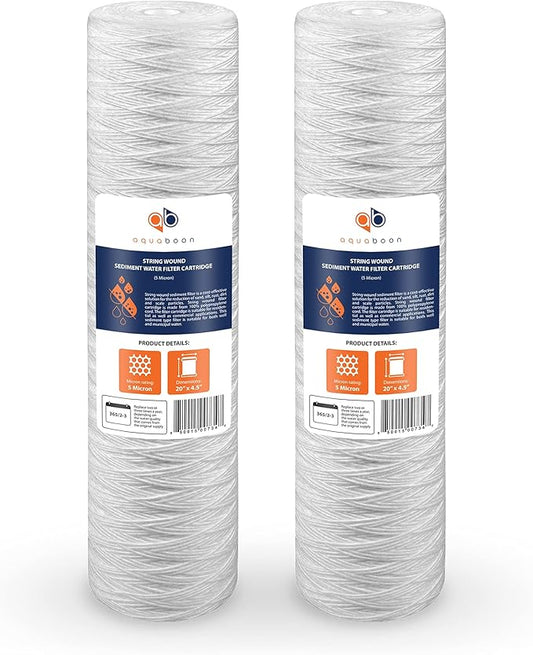 Aquaboon 5 Micron 20 x 4.5 Whole House String Wound Water Filter Replacement Cartridge for Well Water Filtration Compatible with WP5BB20P, 2-Pack