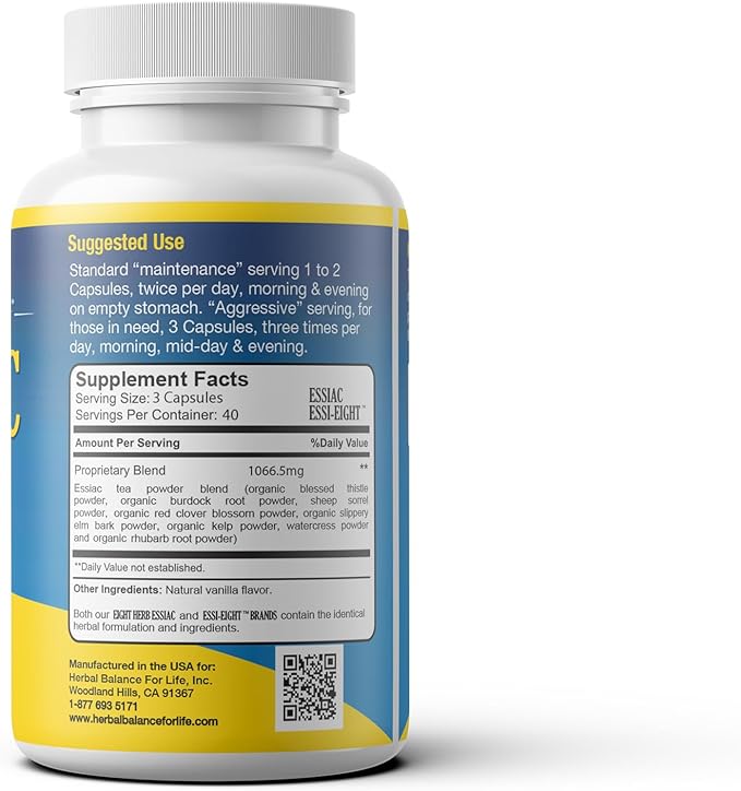 Natural Essiac Tea 8 Herb Capsules, 1066.5 mg per Serving - 120 Capsules, with Sheep Sorel Roots, More Potent 8-herb Essiac Tea Formula by Nurse Rene Caisse & Dr. Charles Brusch in The 1950s