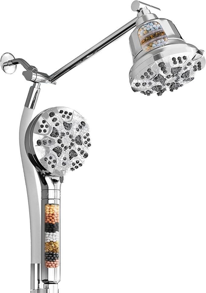 AQUAZEN® Dual Filtered Shower Head Combo | Rainfall + Handheld | 6 Spray Modes | High Pressure | Flexible Mount | Hard Water Filtration | 60" Hose | Chrome Finish