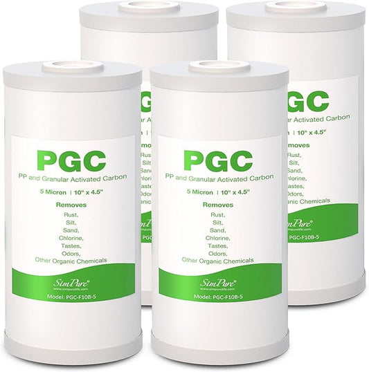 SimPure 10" x 4.5" Whole House Water Filter Cartridge, 5 Micron Carbon Sediment Replacement for DB10C, GE GXWH40L, FXHTC, WRC25HD, GNWH38S, RFC-BB, W10-PR, W10-BC, 4-Pack