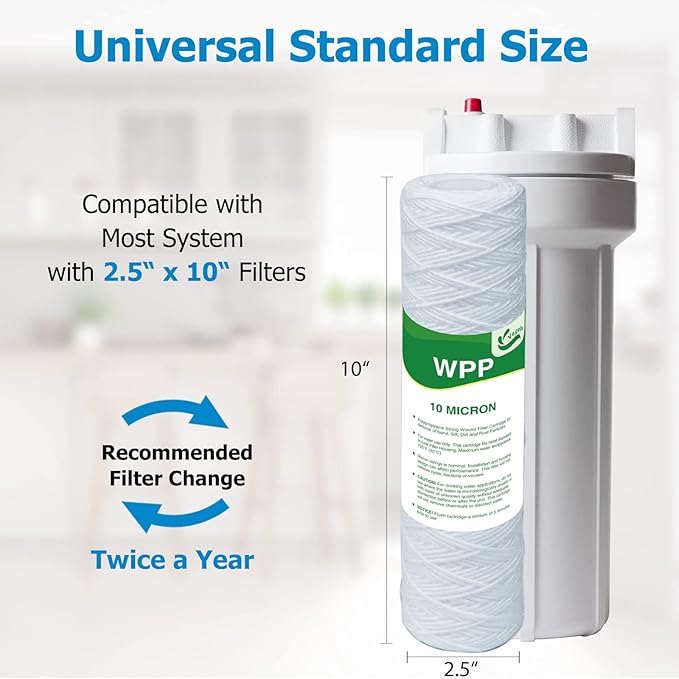 10 Micron String Wound Whole House Water Filter 10" x 2.5", 10-inch Universal Sediment Pre-Filters for Well Water, Replacement Cartridge for FXWSC, CW-F, CW-MF, 1SS, W5W, AO-WH-PRE-R2, 6-Pack