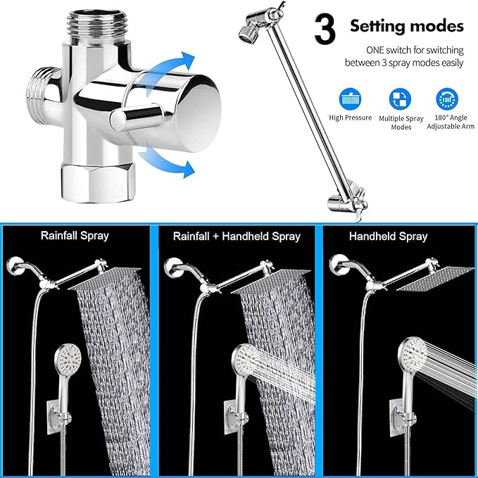 Shower Head, 10" High Pressure Rain shower head with Handheld Spray Combo, 6 Settings Handheld with 78" Anti-leak Hose, 11" Adjustable Extension Arm, Ultra Thin Water Saving, Chrome, AWAXFOLO