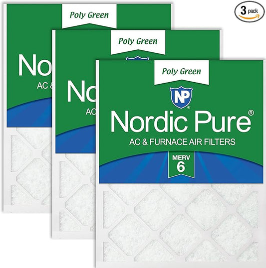 Nordic Pure 20x20x1 (Actual Size: 19 1/2 x 19 1/2 x 3/4) Poly Green MERV 6 AC Furnace Air Filters – Reduces Dust, Pollen, Pet Dander & Allergens – 3-Pack