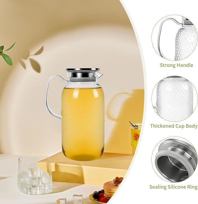 2 Pack Plastic Pitcher with Lid and Handle, 1.8L Clear Water Jug, BPA-Free Ice Tea Pitchers for Lemonade, Milk, Juice, Home, Office