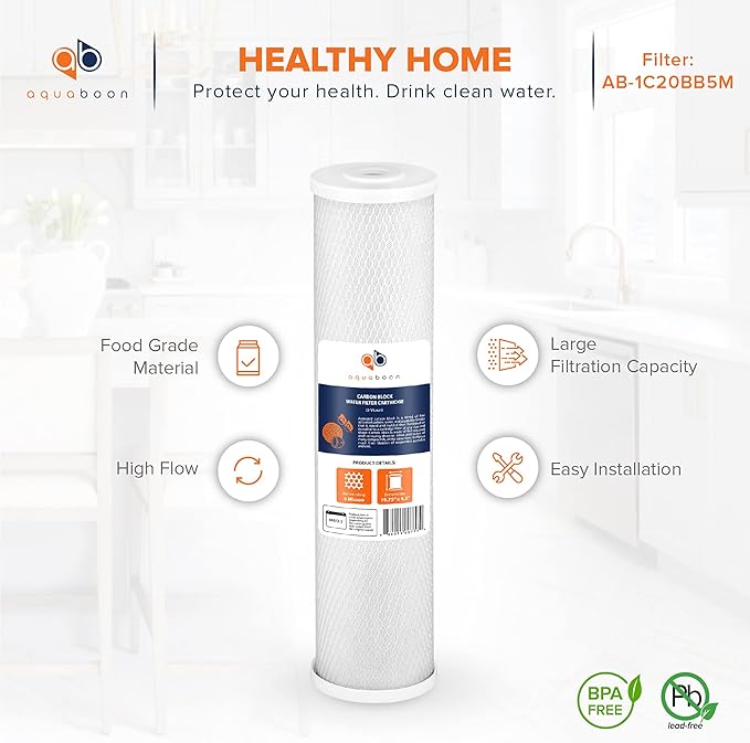 Aquaboon 4.5 x 20 Carbon Block Filter Cartridge Large - 5 Micron Whole House Water Filter Replacement Remove Chlorine Taste Odors Compatible with FC25B, EPM-20BB, CB-BB-20, 155783-43 (1 Pack)