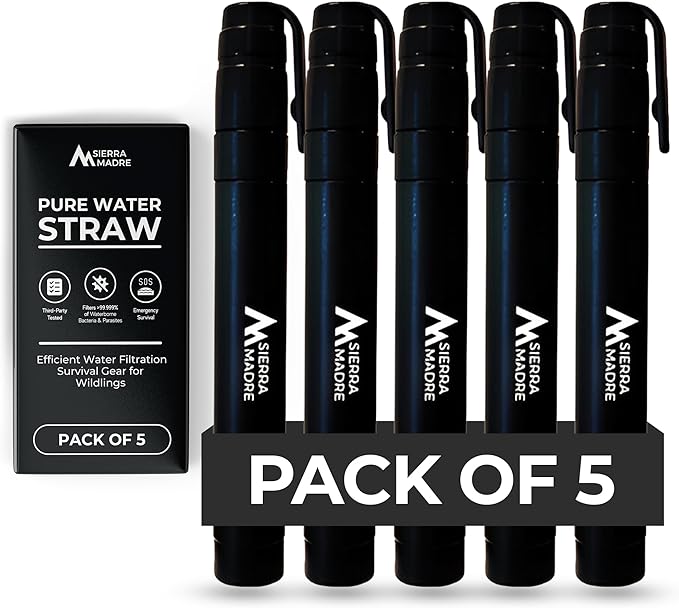 Sierra Madre Pure Water Straw – 264 Gallon Water Filter Purification for Backpacking, Camping, Hiking, Travel - Perfect for Preparedness Survival Gear & Supplies - Portable & Lightweight (Pack 5)