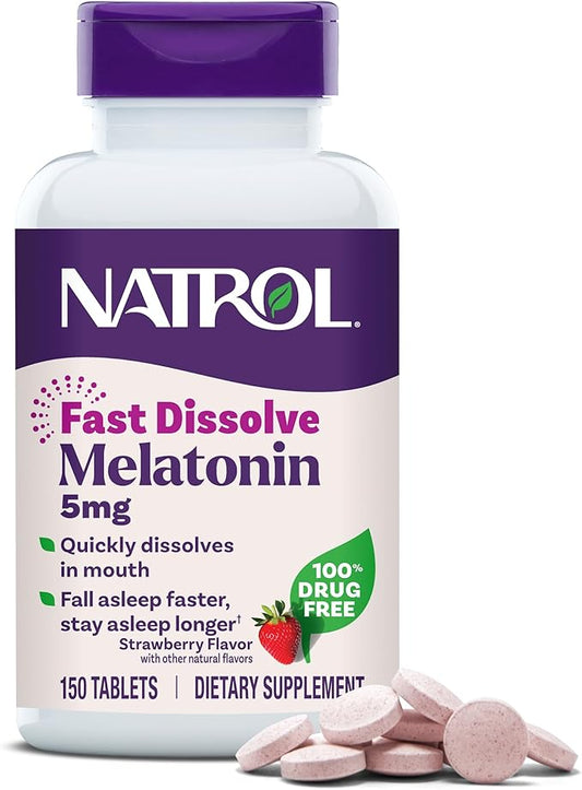 Natrol Melatonin 5mg Fast Dissolve Tablets, Sleep Support Supplements for Adults, Strawberry Flavor, 150 Tablets, Up to 150 Day Supply