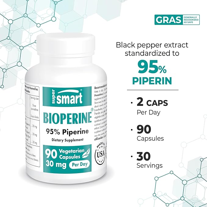 SuperSmart Bioperine 30mg per Day (95% Piperine) - Black Pepper Extract Supplement - Absorption Enhancer - Digestive Enzymes Support | Non-GMO & Gluten Free - 90 Vegetarian Capsules