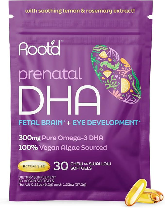 Root'd Prenatal DHA - 300mg Pure Vegan Omega-3 DHA from Algal Oil, Plant-Based Prenatal Supplement for Pregnancy, Fetal Brain & Eye Development, Non-GMO, Lemon & Rosemary Flavor, 30 Softgels