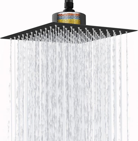 Large Rain Shower Head with Filtered - 12" All Metal Square Rainfall Showerhead Filter for Remove Chlorine and Harmful Substances, Matte Black