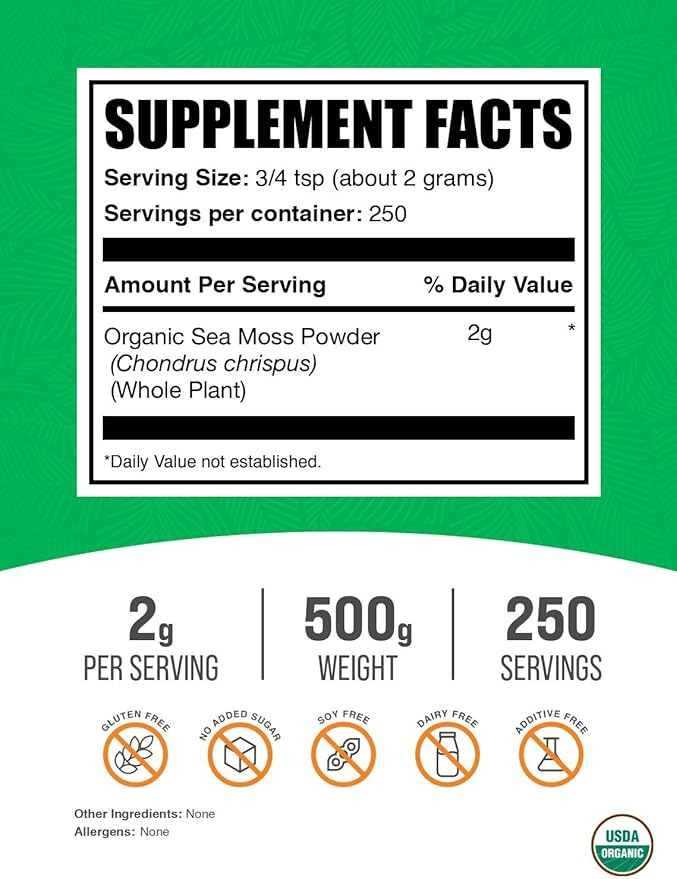 BulkSupplements.com Organic Irish Sea Moss Powder - Sea Moss Supplement, Superfood Supplement - Vegan & Gluten Free, 2g per Serving, 500g (1.1 lbs) (Pack of 1)