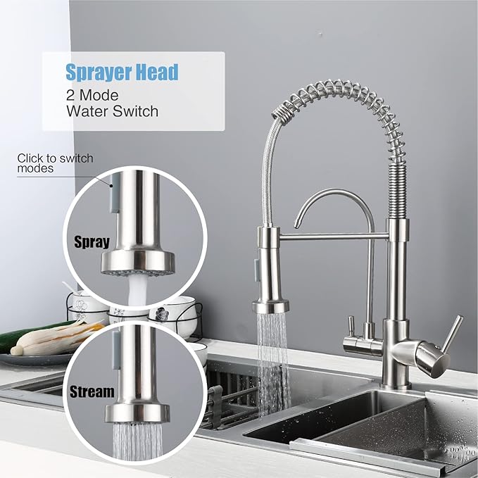HUAHUALALA Kitchen Faucet with Filter, 3 in 1 Kitchen Sink Faucet 2 Handle with Spring Sprayer，Brass Drinking Water Faucets Reverse Osmosis Brushed Nickel