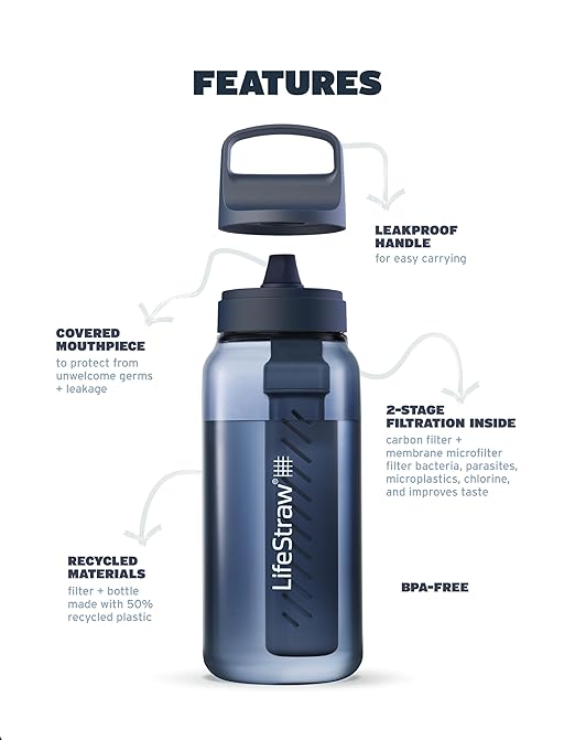 LifeStraw Go Series – BPA-Free Water Filter Bottle for Travel and Everyday Use Removes Bacteria, Parasites and Microplastics, Improves Taste, 1L Aegean Sea