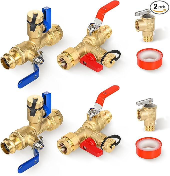 3/4 Inch GUOFIS IPS Tankless Water Heater Valve Kit with Pressure Relief Valve(3/4"FIPx 3/4" Press),2 Set Water Heater Valve Kit
