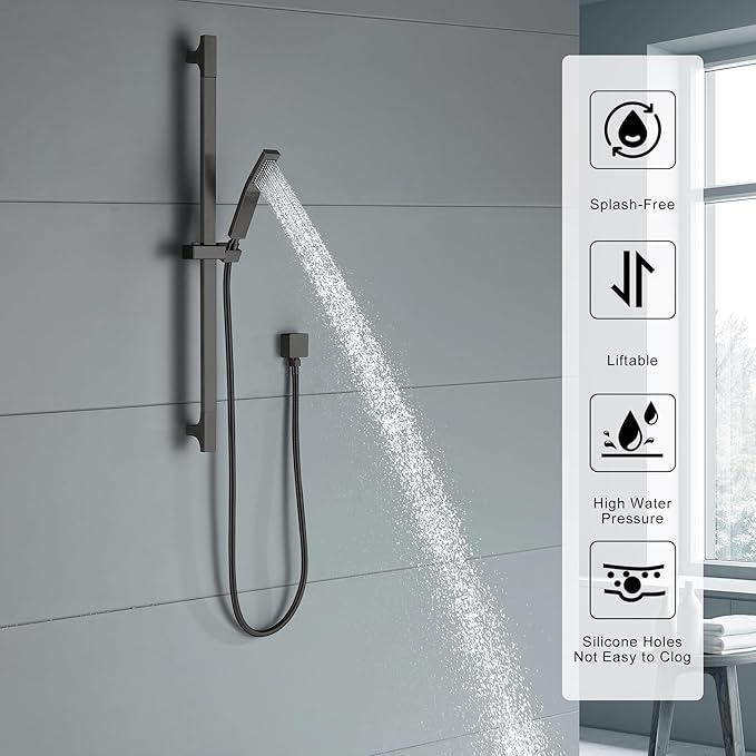 Matte Black Hand Shower with Slide Bar High Pressure Square Shower Head with Handheld Spray 29" Shower Slide Bar Adjustable Height