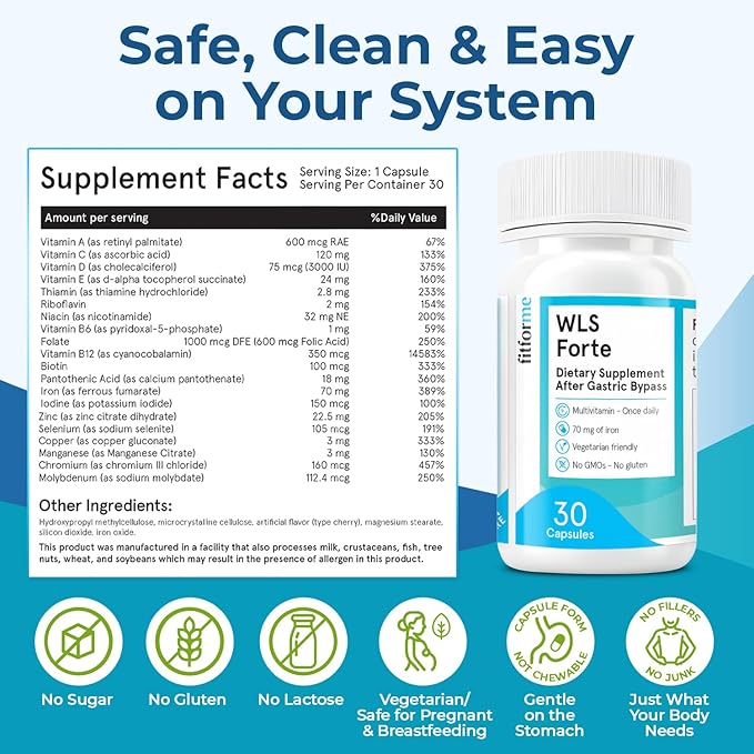 FitForMe One-a-Day Bariatric Multivitamin with Iron — After Weight-Loss Surgery (Gastric Bypass) — Easy-to-Swallow WLS Forte Capsule, 30 Count, 1-Month Supply