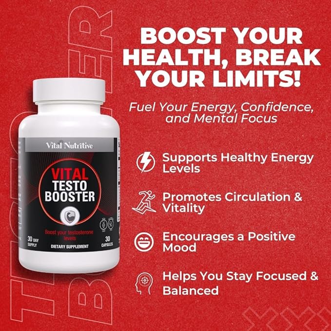Vital Testo Booster - Natural Testosterone Support Supplement for Men | Promotes Energy, Stamina, and Vitality | Men’s Health | Made in USA | 30 Days Supply