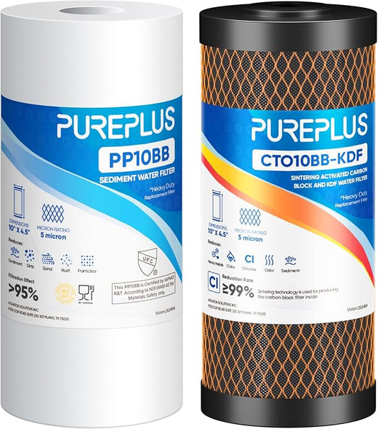 PUREPLUS 5 Micron 4.5" x 10" Whole House Water Filter Combo Kit with Sediment, KDF & Activated Carbon Block Filter, Replacement for RFC-BBSA, HD-950, WFHD13001B, WFHDC8001, FXHTC, GXWH40L,1PACK
