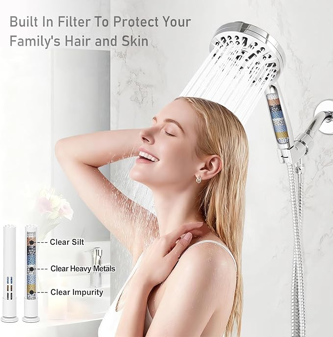 Filtered Shower Head with handheld, 10 Functions High Pressure showerhead with 79"Stainless Steel Shower Hose, Built-in 2 Power Wash, Replaceable Filter Design to Improve Water Quality (Chrome)