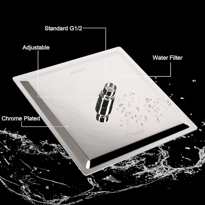 HarJue Shower Head with Extension Arm, High Pressure Square with ShowerArm, Stainless Steel Rainfall -Waterfall Full Body Coverage (10'' Shower with 16'' Arm, Chrome)