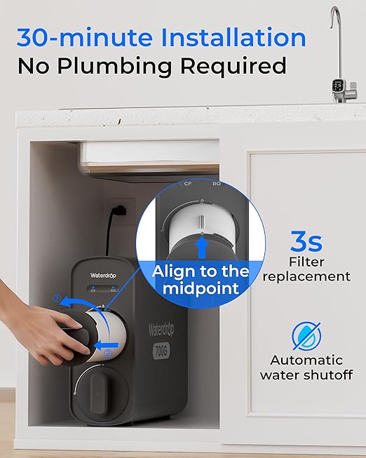Waterdrop G5P700 Reverse Osmosis Water Filter, NSF/ANSI 372 Certified, 700G Fast Flow Reverse Osmosis System, 7 Stage RO Water Filtration System, 2:1 Pure to Drain, Smart LED Faucet, BPA Free