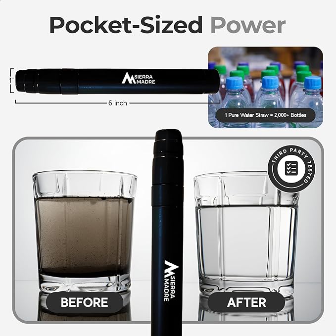 Sierra Madre Pure Water Straw – 264 Gallon Water Filter Purification for Backpacking, Camping, Hiking, Travel - Perfect for Preparedness Survival Gear & Supplies - Portable & Lightweight (Pack 5)