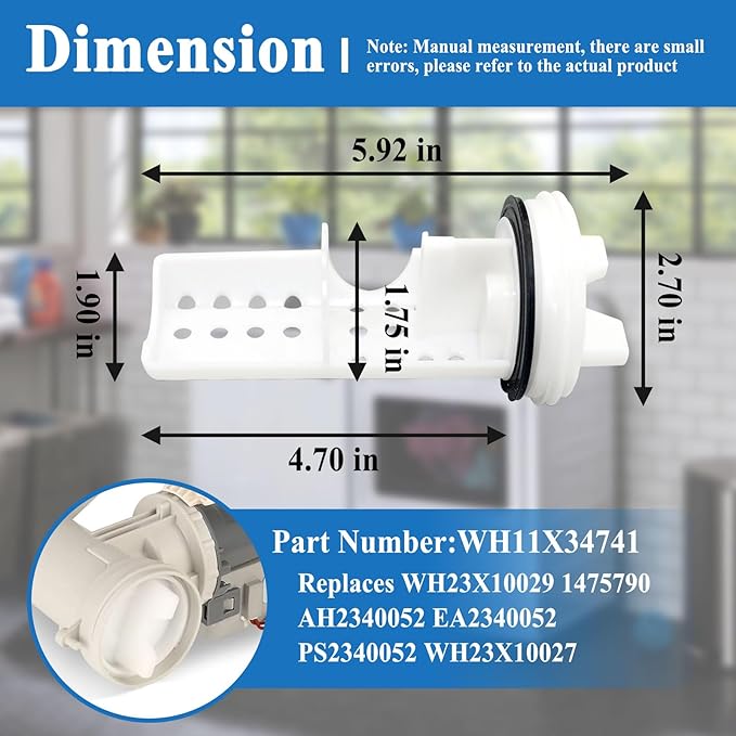 WH11X34741 Washer Drain Pump Filter, Replaces WH23X10029, WH23X10027, AP7205454, 4977949, PS16874133, EAP16874133