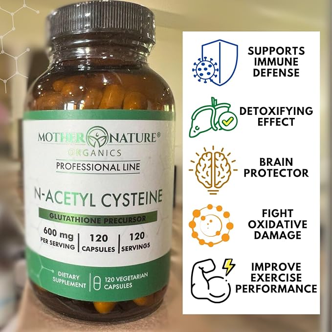 Mother Nature Organics NAC 600mg, Glass Bottle, N-Acetyl Cysteine Antioxidant Glutathione Precursor, Liver & Lung Support, Immune, Respiratory Health, and Detox (120 Count)