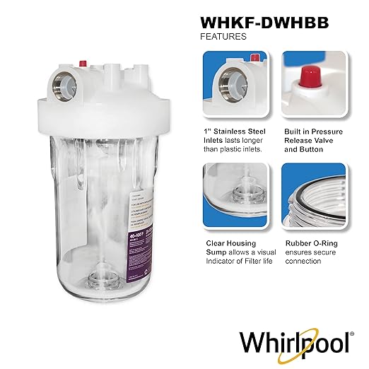 Whirlpool 10" x 4.5" Large Capacity Whole House Water Filter Housing WHKF-DWHBB, 1" Port, Home Water Pre-Filtration for Well and City Water, NSF Certified Reduces Sediment, Sand, Soil, Silt, and Rust