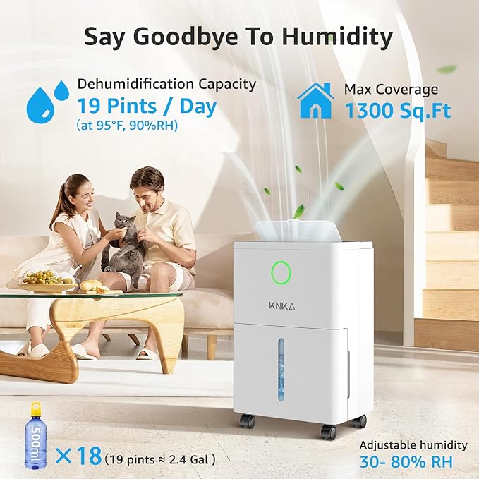 19 Pint Quiet Dehumidifier with Drain Hose, 1300 Sq.ft Dehumidifiers for Home, Smart Humidity Control & Display, 24H Timer, Washable Filter, Idea for Bathroom Basement Bedroom RV Large Room
