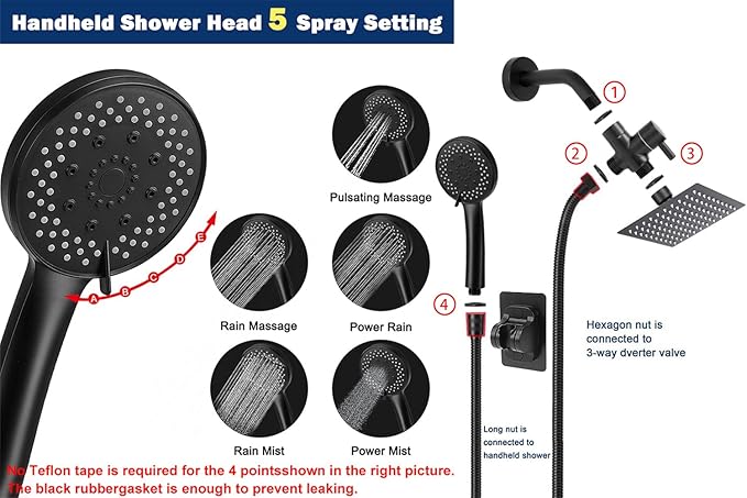 NearMoon Filtered Rain Shower Head, High Pressure 8″Square, and 5 settings Handheld Shower Filter Combo with Self-adhesive Holder/1.5M Hose -1 Replaceable Filter Cartridge (Matte Black)