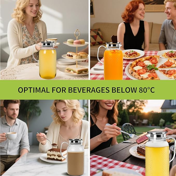 2 Pack Plastic Pitcher with Lid and Handle, 1.8L Clear Water Jug, BPA-Free Ice Tea Pitchers for Lemonade, Milk, Juice, Home, Office