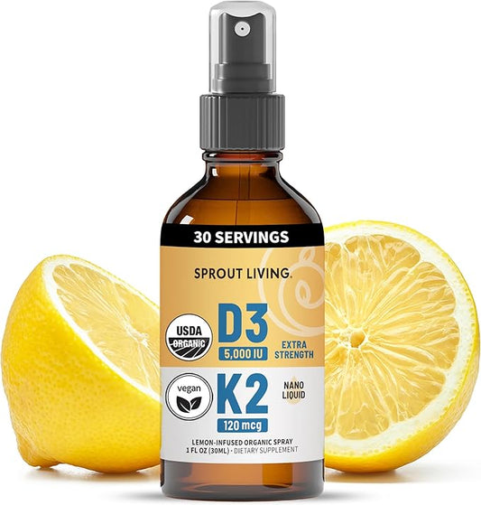 Sprout Living Organic Vitamin D3 5000 IU (Lichen) + K2 120 mcg (Chickpea) Spray for Immune Support & Bone Health | Trace Minerals with Real Lemon & Citrus Extract, Sugar Free (1 FL OZ, 30 Servings)