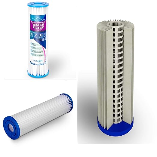 10 Inches Transparent Standard Whole House Water Filter System with Presser Relief Valve, 3/4” Inlet/Outlet Brass Port and Yearly Supply (4) Pleated Sediment Cartridges 5 Micron