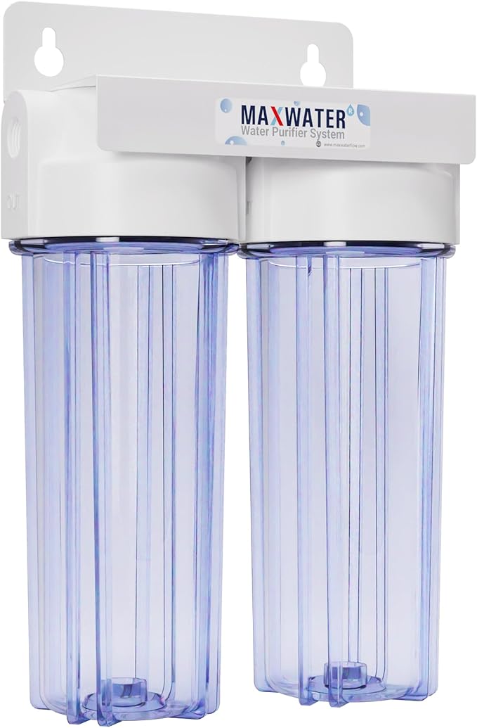 Max Water 10" 2 Stage Whole House Standard Home Water Filter System 3/4" Inlet Clear Filter Housing Variation, Supports 10" x 2.5" Water Filters (Clear, NO Filters)