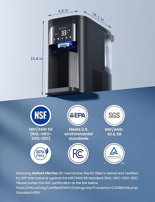 NOVETE Reverse Osmosis Water Filter Countertop, UV Cold Water Down to 32℉, NSF/ANSI 42/58 Certified, 4:1 Pure to Drain, No Installation Needed, 8-Stage RO Water Filtration System, CRF1A-QS, Black
