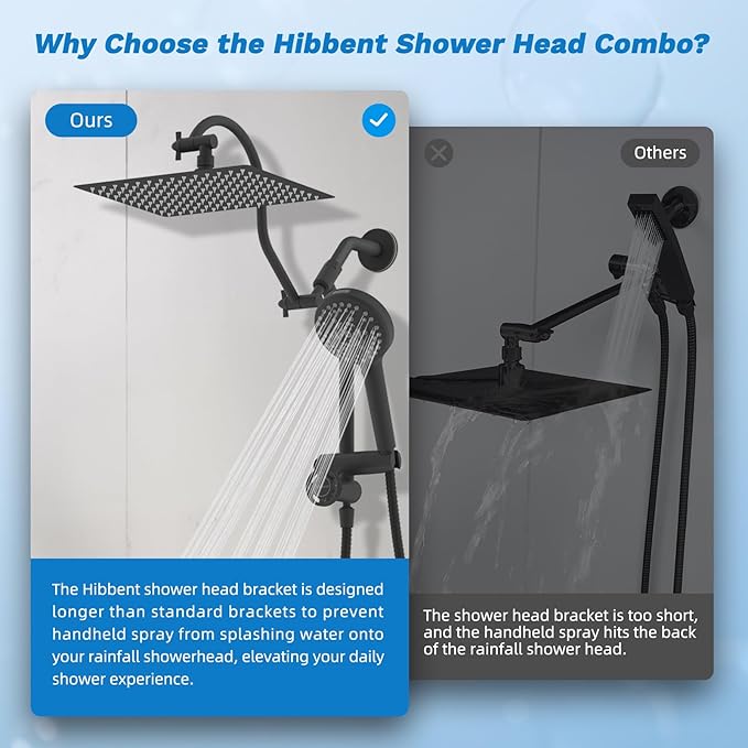 Hibbent Upgraded All Metal 12" Rainfall Showerhead Combo, High Pressure Shower Head with 10-Spray Mode Handheld, 4-way Diverter with Pause Mode, 71'' Shower Hose and Handheld Holder, Matte Black