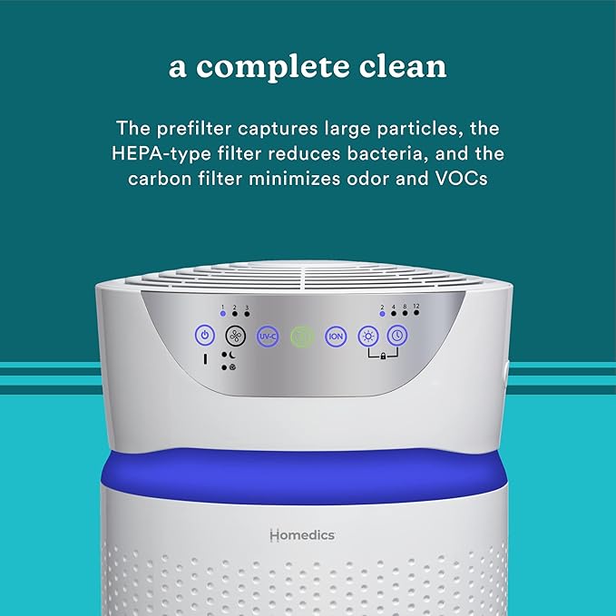 Homedics 5-in-1 UV-C Air Purifier - 360-Degree HEPA Filter for 1,659 Sq Ft, Extra Large Air Purifiers for Bedroom and Home, Essential Oil Pads, Built-In Timer, 5 Speed Settings for Large Rooms, White