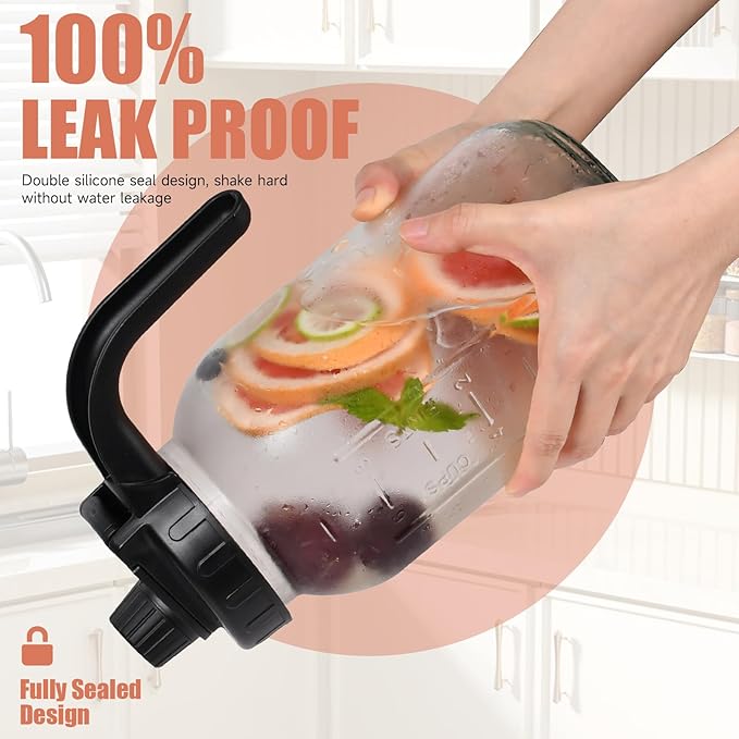 2 Pack 64oz Glass Mason Jar Pitchers with Wide Mouth & Measurement Marks – Leak-Proof Twist Lids for Cold Brew, Iced Tea, Juice, Lemonade