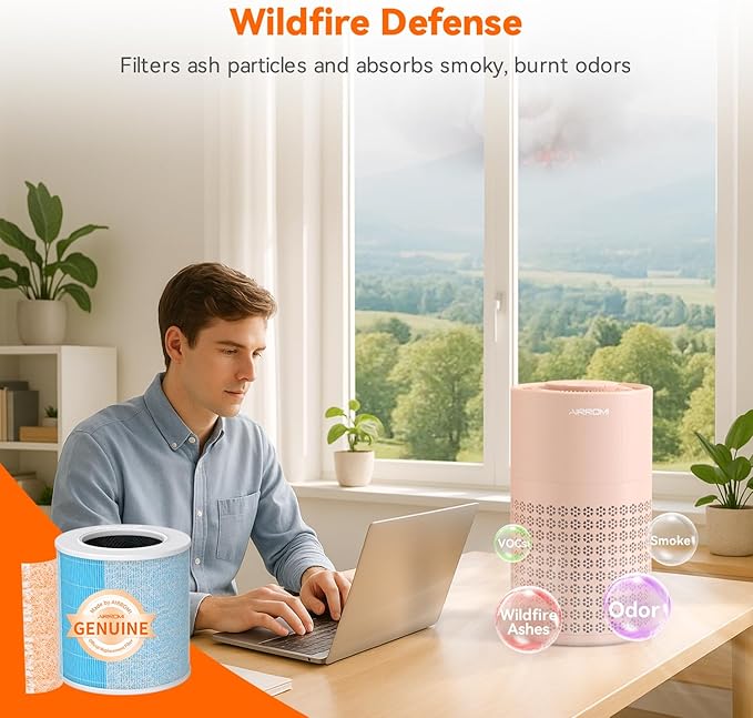 AIRROMI Air Purifier for Bedroom with HEPA 3-in-1 Filter, Pet Air Purifier for Home Cat Pee Smell, Covers Upto 990 Ft², Quiet 360°intake Air Cleaner for pet hair,allergies,Dust,Smoke A2001 Orange
